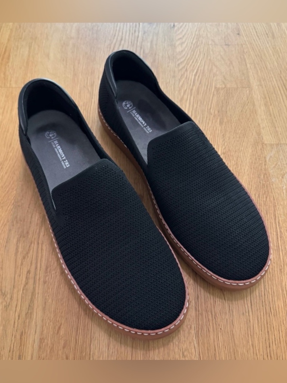 Harmony 783 Grounding Slip On Shoes in Black & Cognac Bamboo Knit W 13.5 M 12